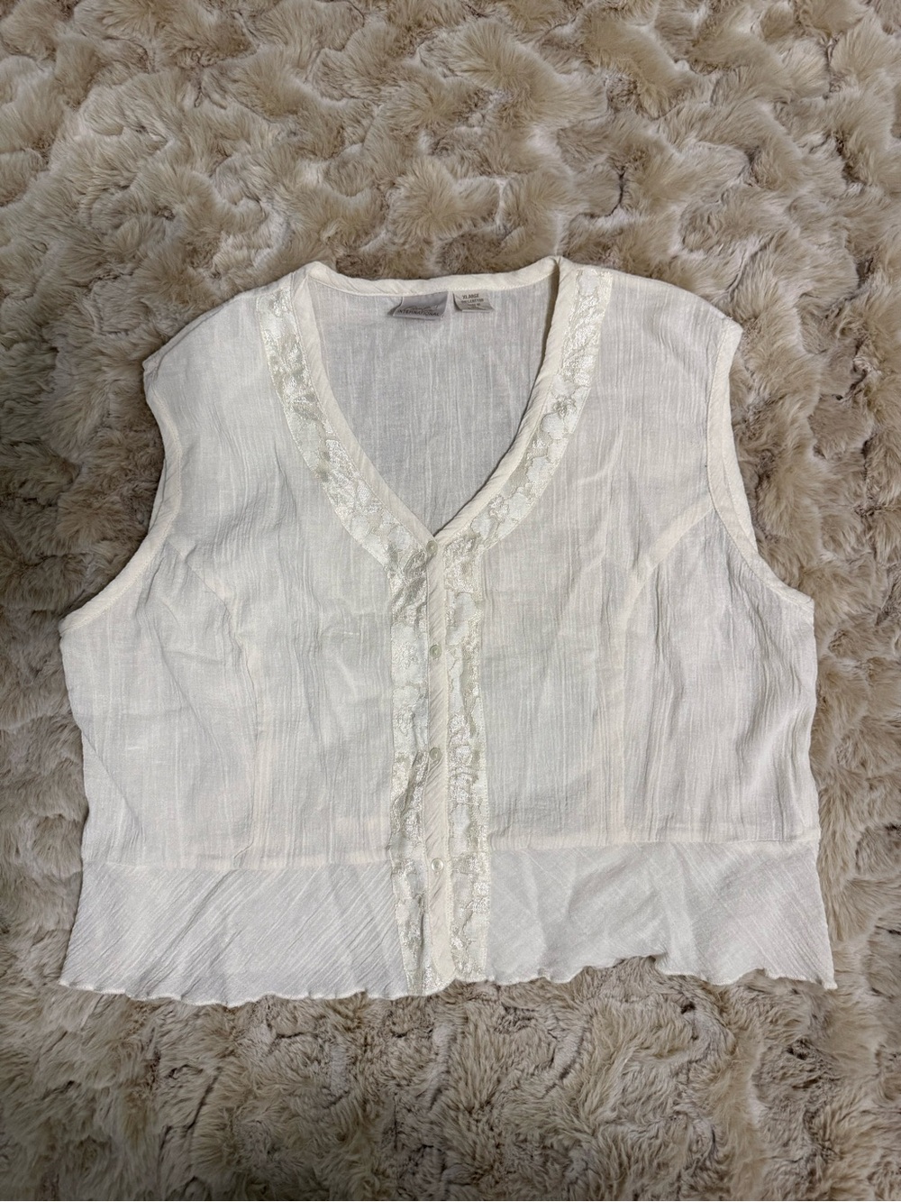 Vintage Fiorlini International 100% Cotton Ivory Sleeveless V-Neck Lace-Trim Top